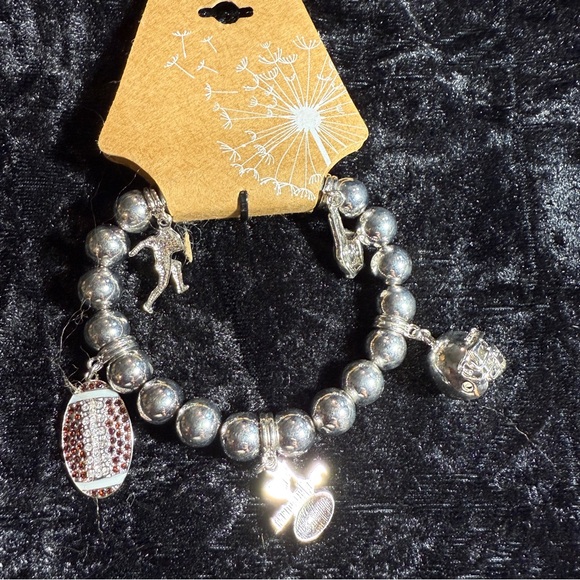Jewelry - Silver Sports Theme Crystal Deco Football Charm Stretchable Bangle Bracelet